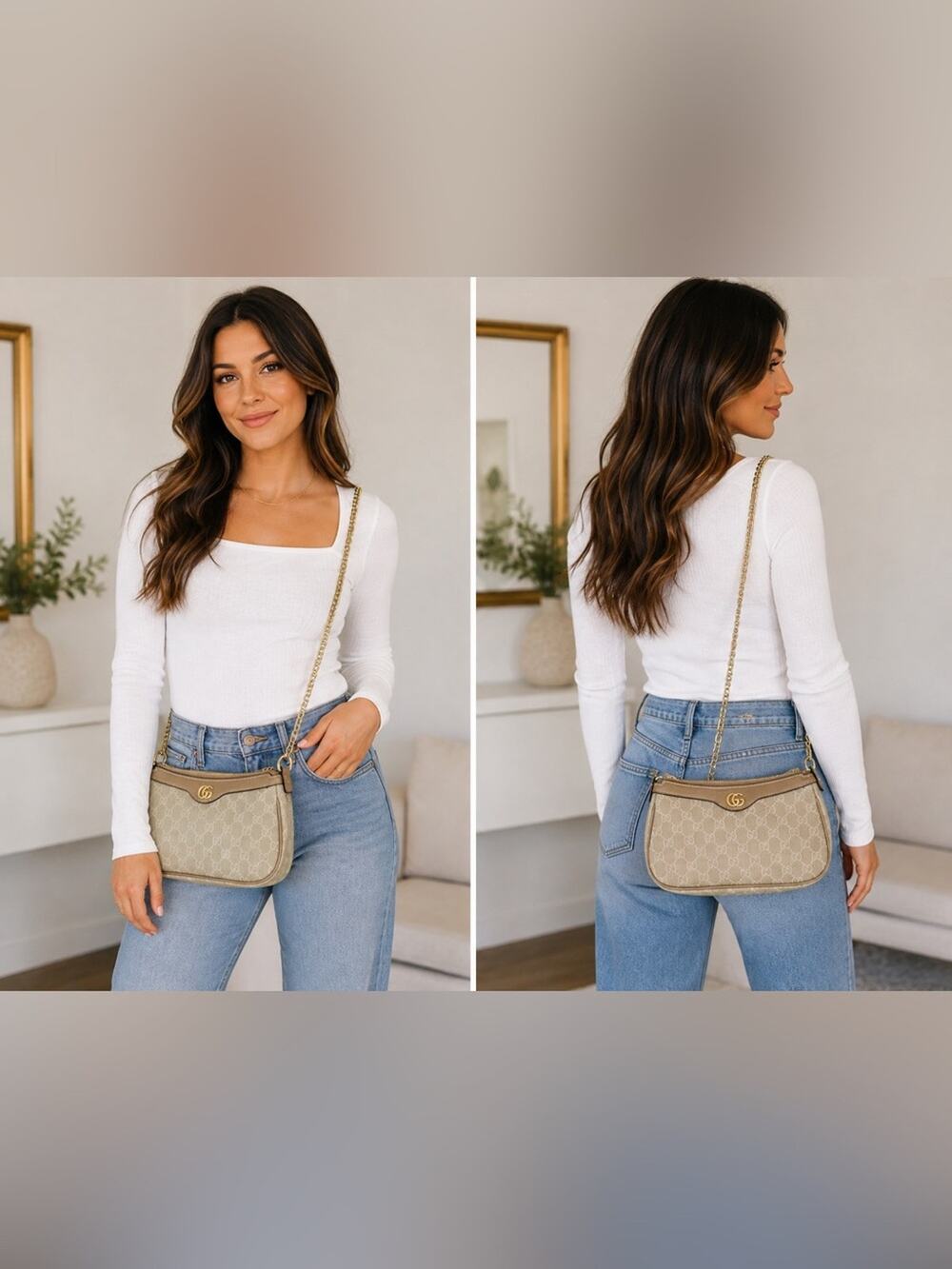 Beige GG Style Monogram Mini Shoulder Bag Gold Logo Chic Designer Look